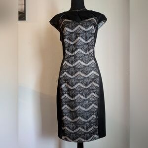 JAX Black Lace Overlay Sheath Dress Size 12 Scalloped Chevron Cap Sleeve Cockati